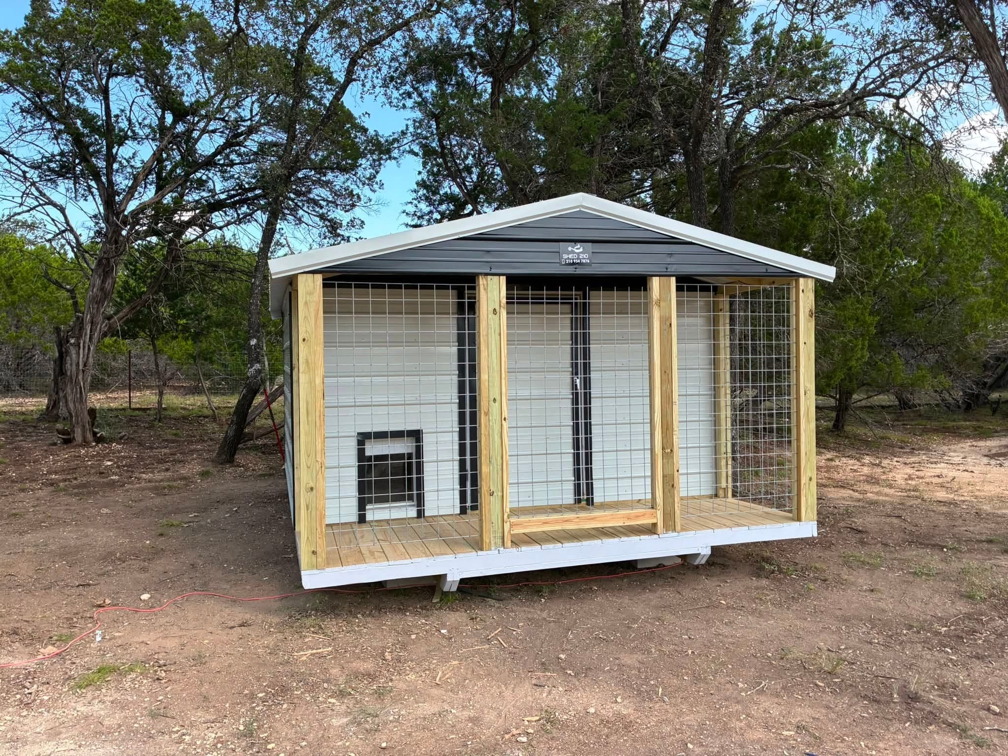 Front exterior of the 12x12 walk-in doghouse and 4x12 enclosed porch