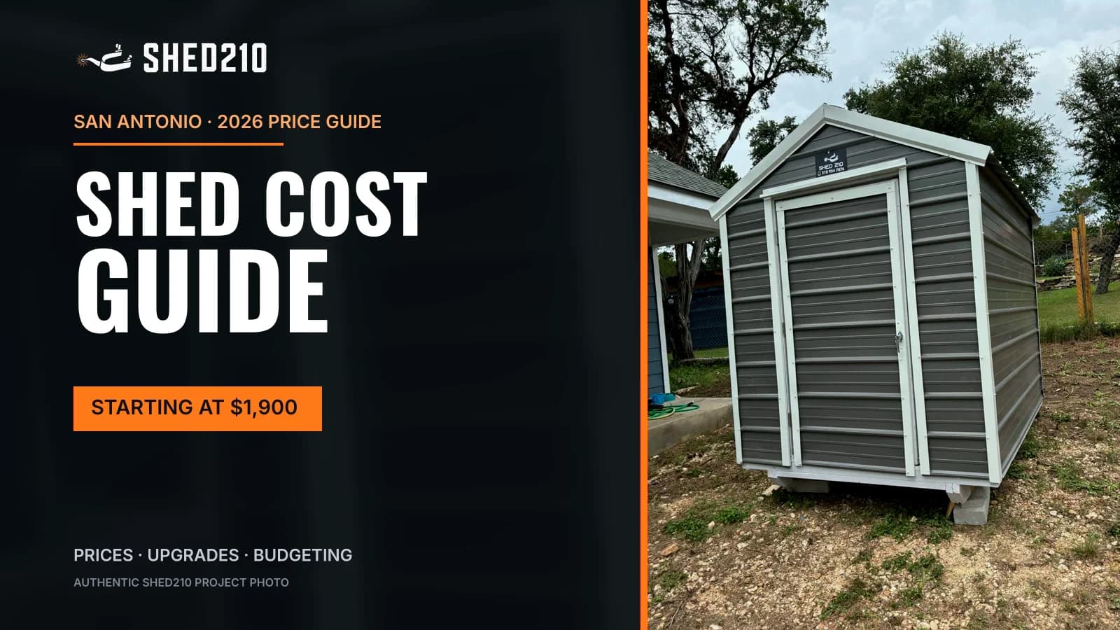 Editorial cover for the 2026 San Antonio shed cost guide using an authentic finished Shed210 project photo.
